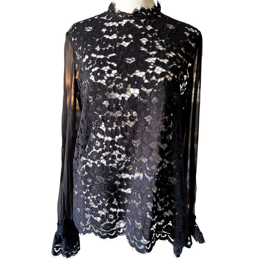 Alexis Lace Blouse Women Med. Black Sheer Silk Sleeve Mock Neck Floral Eyelash